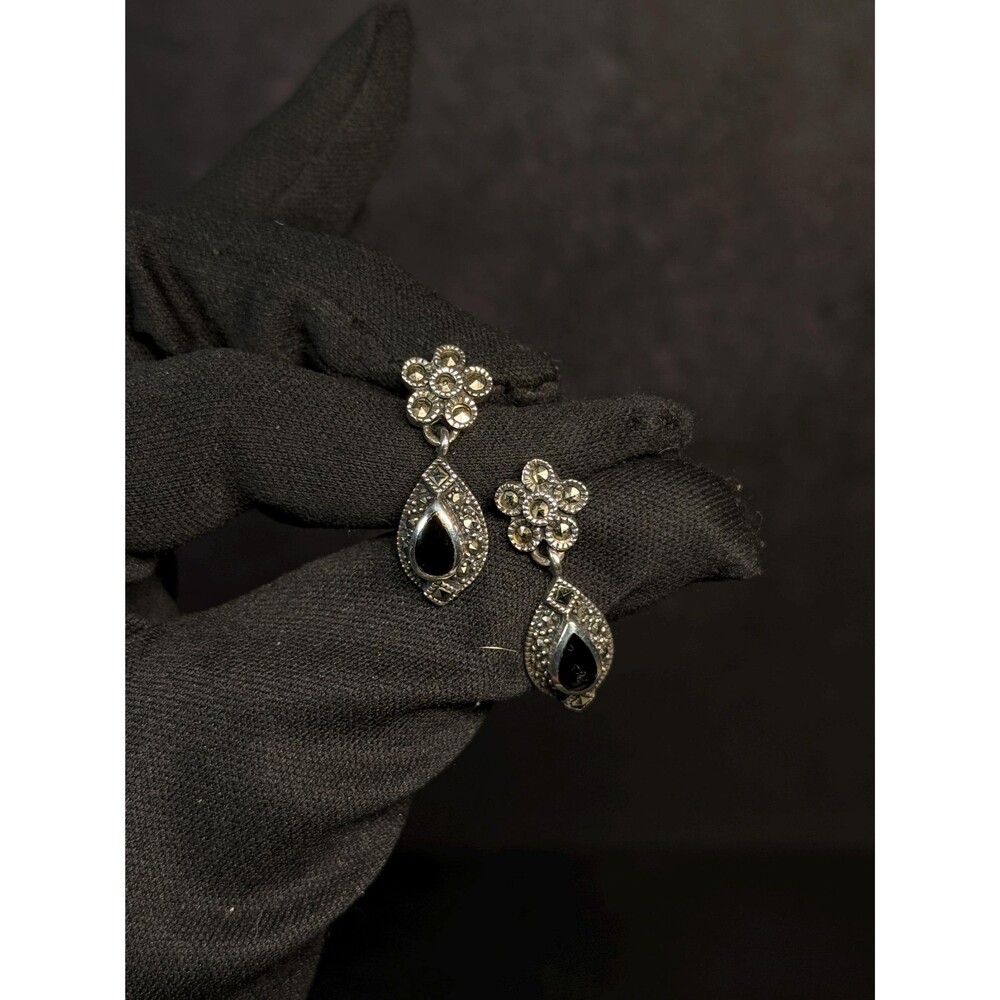 Sterling Silver Marcasite Black Onyx Dangle Earrings Push Back